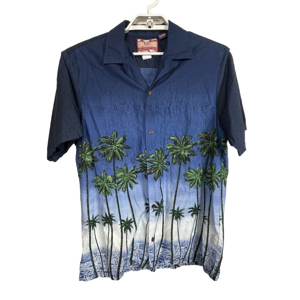 RJC Hawaiian Shirt Mens L Blue Palm Tree Cotton Camp Button Up USA Coastal Beach